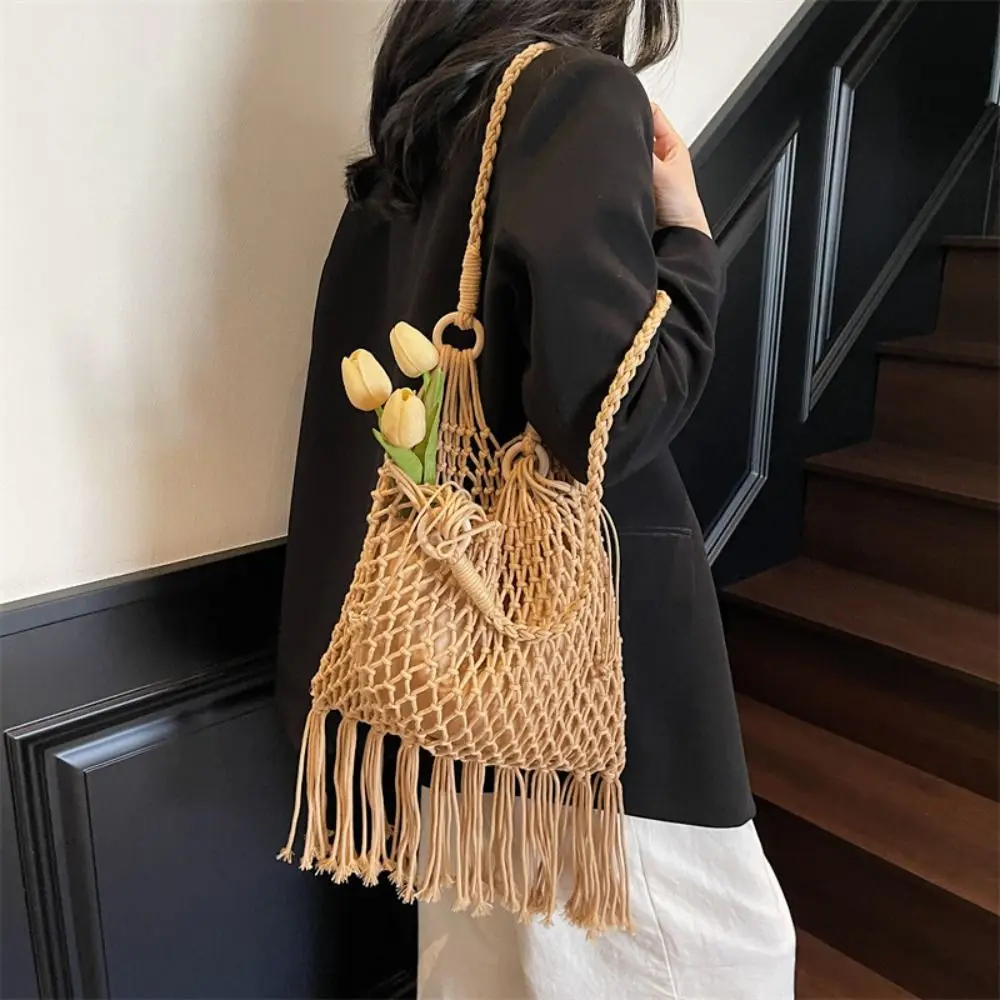 Плетеная сумка из хлопчатобумажной нити, большая сумка, пляжная сумка, пляжная сумка с кисточками, сумка-ведро в богемном стиле, полая сумка на плечо