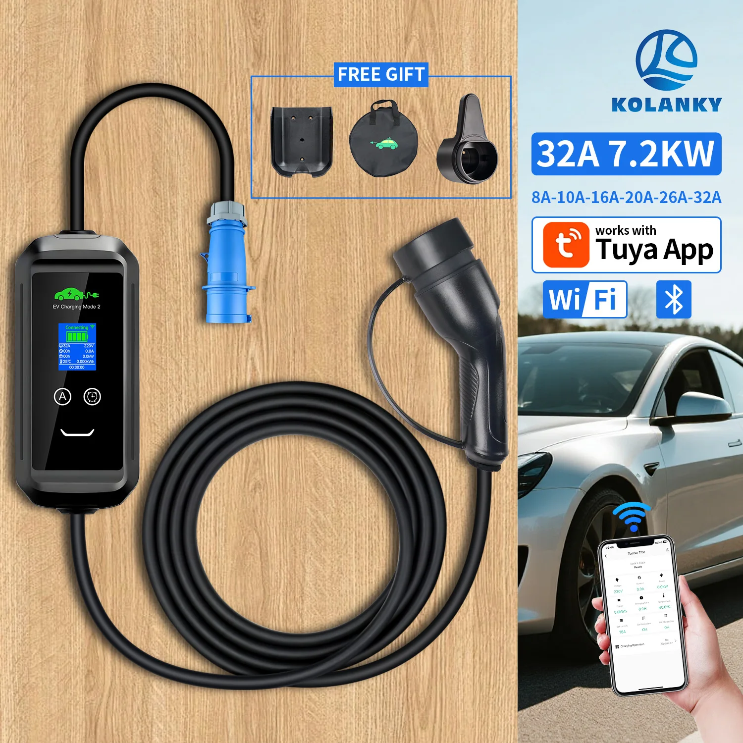 Kolanky 32A 7.2KW Portable EV Charger Type2/GBT IEC62196-2 Electric Vehicle Charger EVSE Charging Cable  APP Control Home Charge