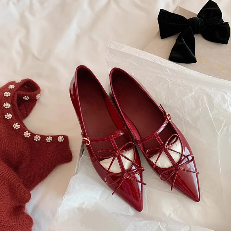 

T-strap Pointed Toe Flats Shoes Women Bowtie Buckle Strap PU Leather Elegant Red Mary Janes Shoes Ladies Party Black Pumps 2025