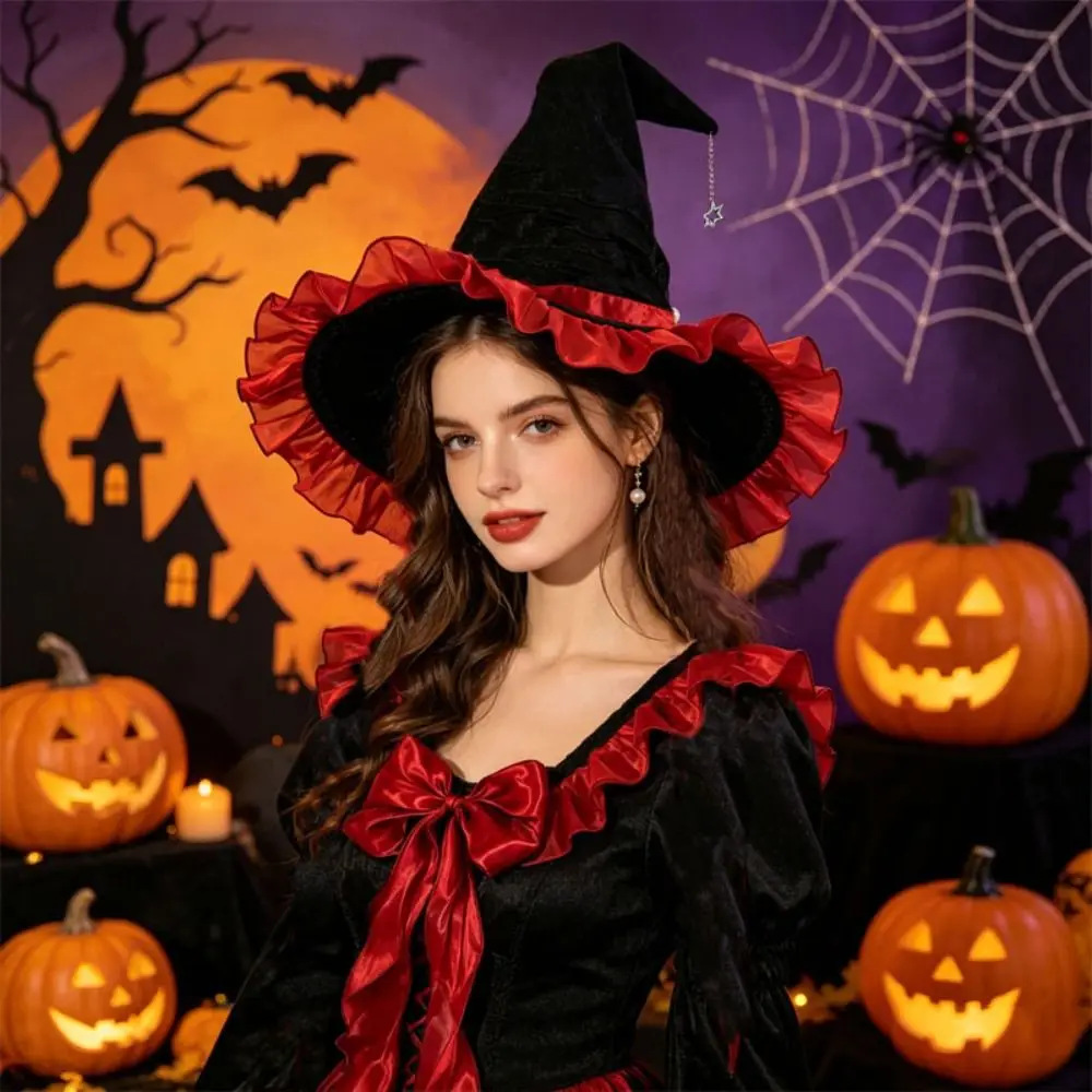 Satin Bow Halloween Hat Star Pendant Veil Lolita Witch Hat Tall Pointed Cone Top Lace Pointed Mage Hat Masquerade Ball