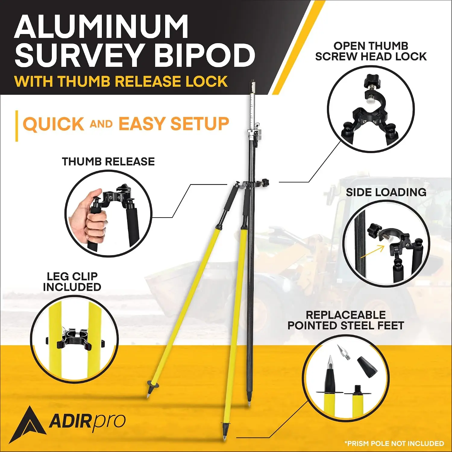 Adir Aluminum Bipod with Thumb Screw Head for GPS Rover Pole or Prism Pole of Total Station Surveying Equipment, Telescoping Pri