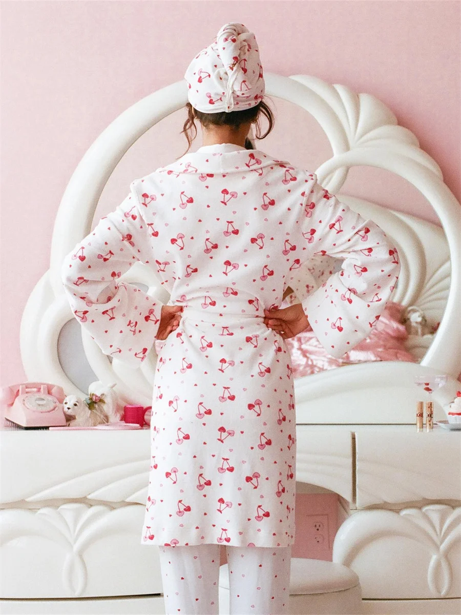 Robe Women Cotton Floral Long Sleeve Nightwear Shower Bathrobe Kimono Cute Sweet Cherry Print Sleepwear Pajamas Gowns Robes