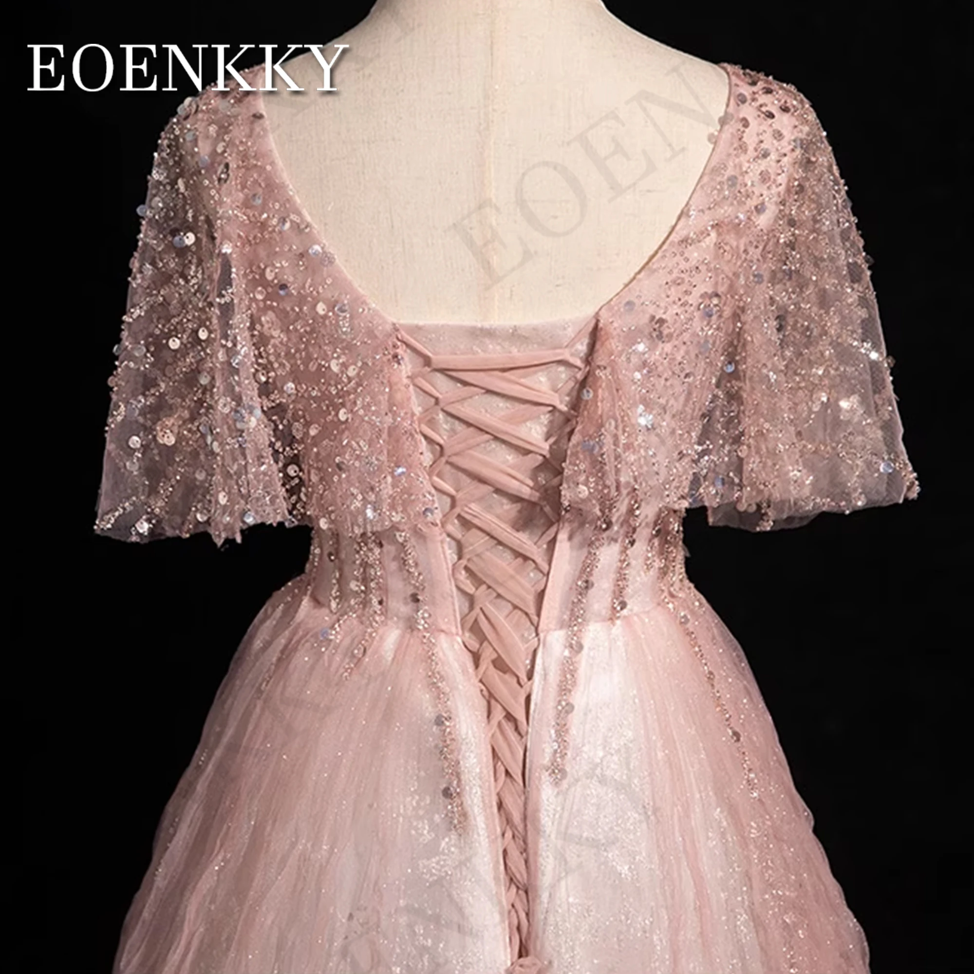 Saudi Arabia Prom Dresses Luxury Sparkly Sequin A Line Special Occasion Dress Glitter Cape Sleeve Tulle Pink فساتين حفلة موسيقية