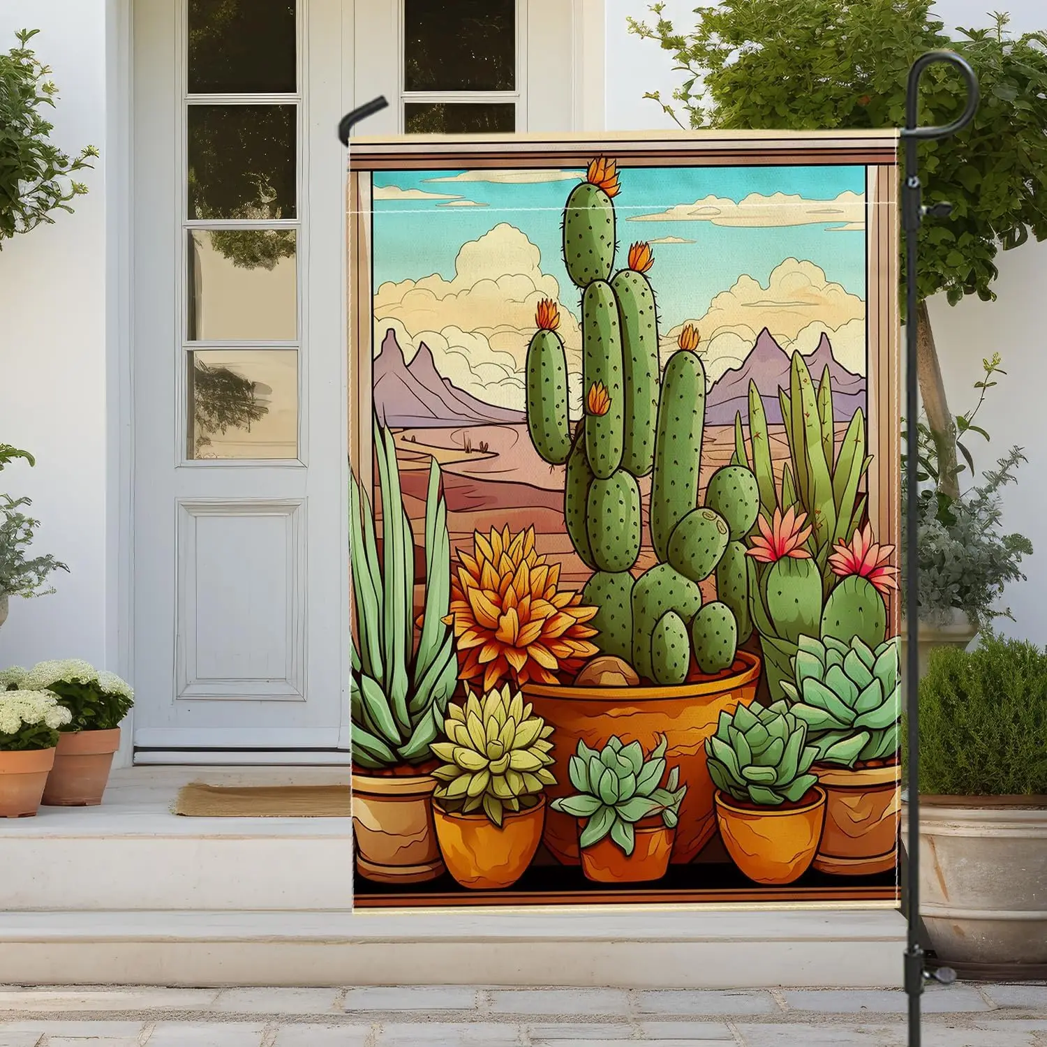 Spring Standard Size Garden Flag Cactus Succulents Potted Plants Landscape Southwestern Green Brown Linen Wall Home Decor Sign D