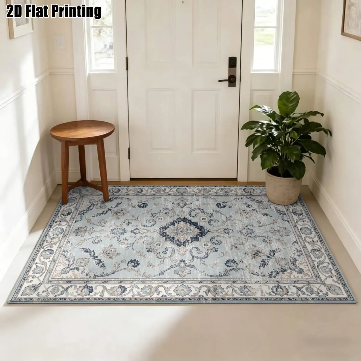 1Pc 2D Printed Carpet: Blue-Gray Floral Scroll Pattern, Fits Vintage, Bohemian, Modern Minimalist Styles Machine Washable, Multi-Size, Ideal for Home Decor & Multi-Scene Use.
