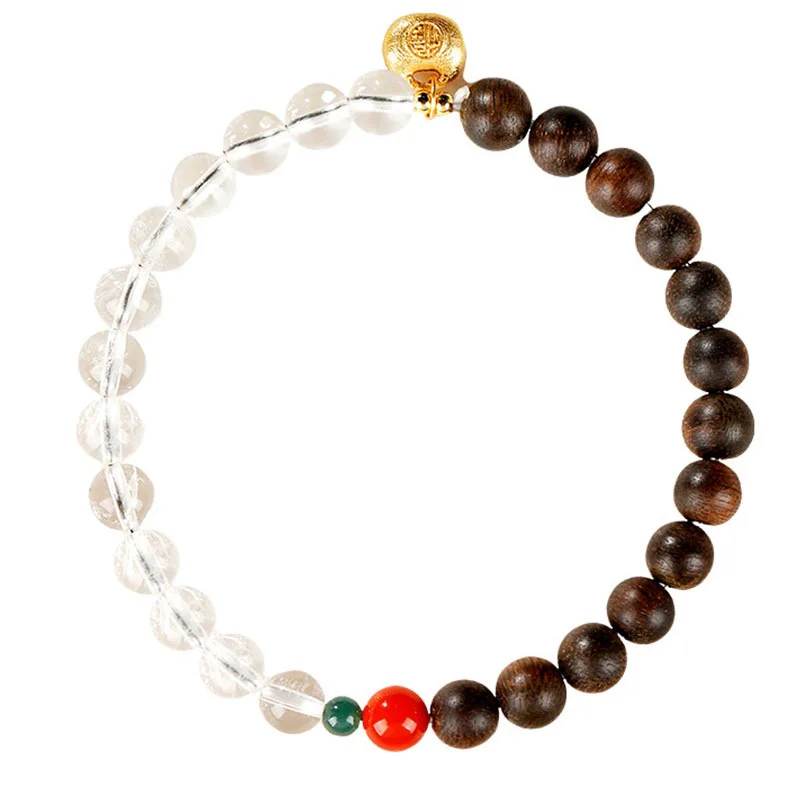 

Natural Agarwood Bracelet with White Crystal and Fortune Lock Beaded Jewelry for Women Gifts
