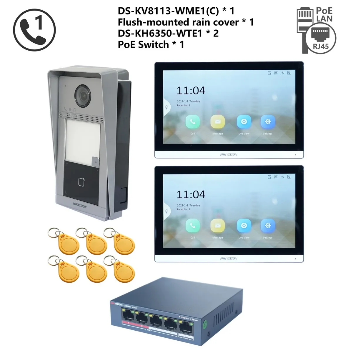 HIKVISION Original mehrsprachiges POE-Video-Gegensprechanlage-KIT, einschließlich DS-KV8113-WME1(C) und DS-KH6350-WTE1 und PoE-Switch