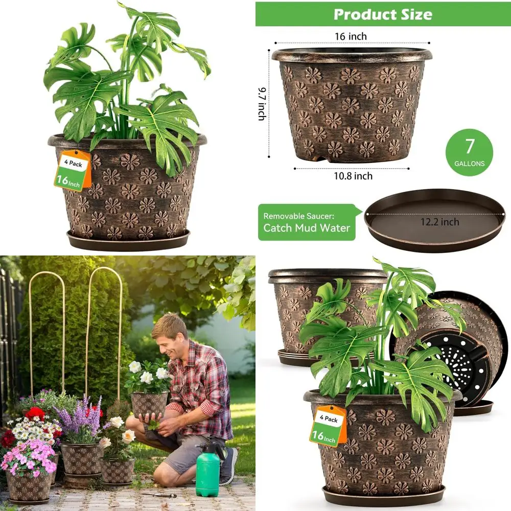

Набор из 4 больших пластиковых кашпо (16 дюймов) с дренажем и съемными поддонами для использования в помещении или на улице