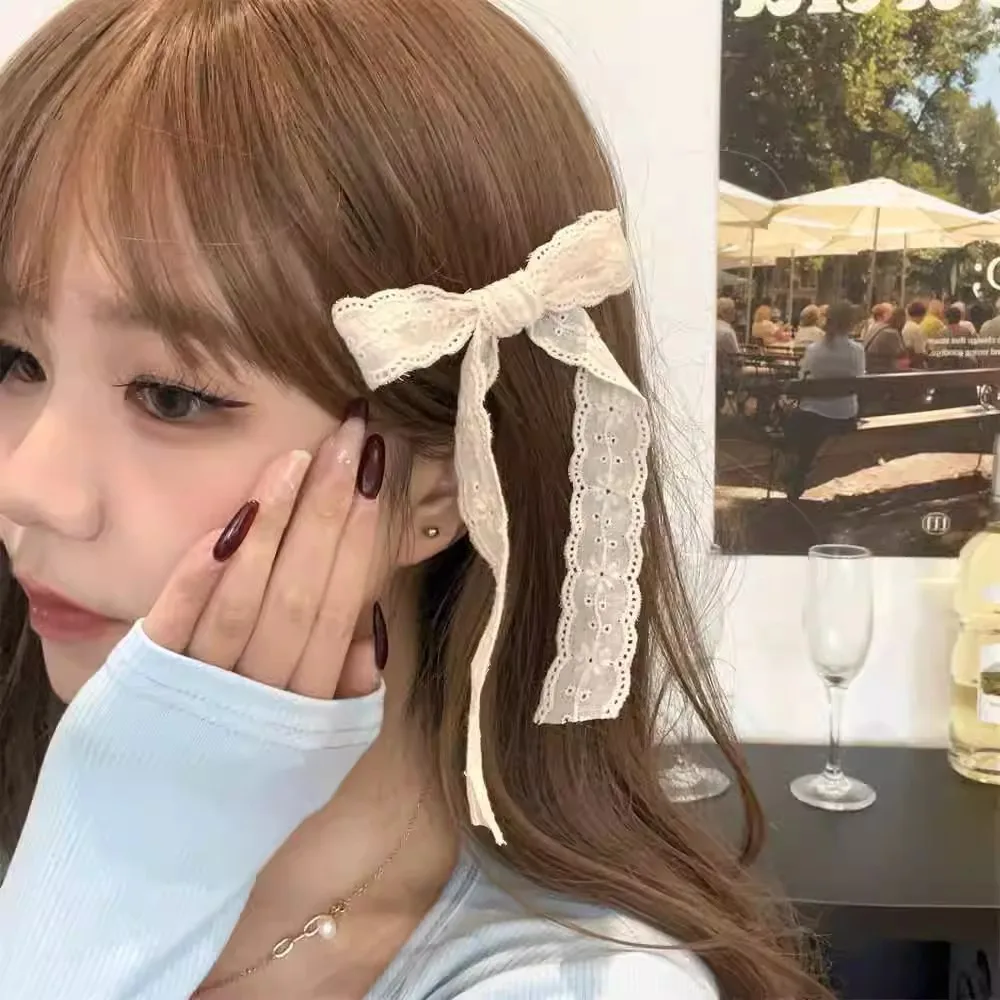 2 stücke Bogen Streamer Haarnadel Spitze Reise Clip Kopfbedeckung Temperament Süße Mädchen Haar Zubehör – Detail 3