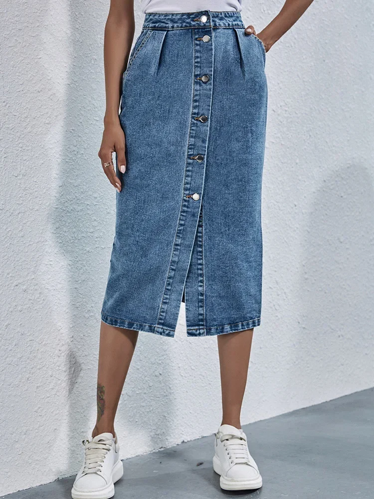 

Single Breasted Knee Length Denim Skirt Women Streetwear Casual Pocket High Waist Straight Jeans Skirt New