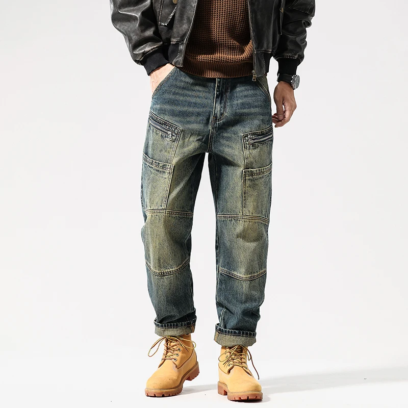 

vintage fashion brand autumn and winter wash new loose personality splicing Harlan jeans men's trousers