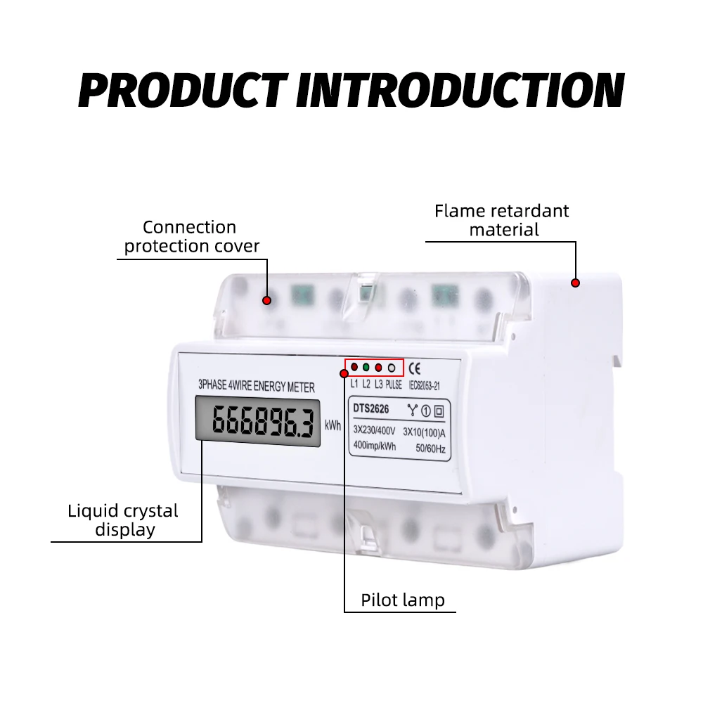 DTS2626 DIN Rail Digital  LCD Display 380V Phase 4 Wires Electric Watt Power Energy Meter Voltage  Wattmeter kWh  3X10 100A AC