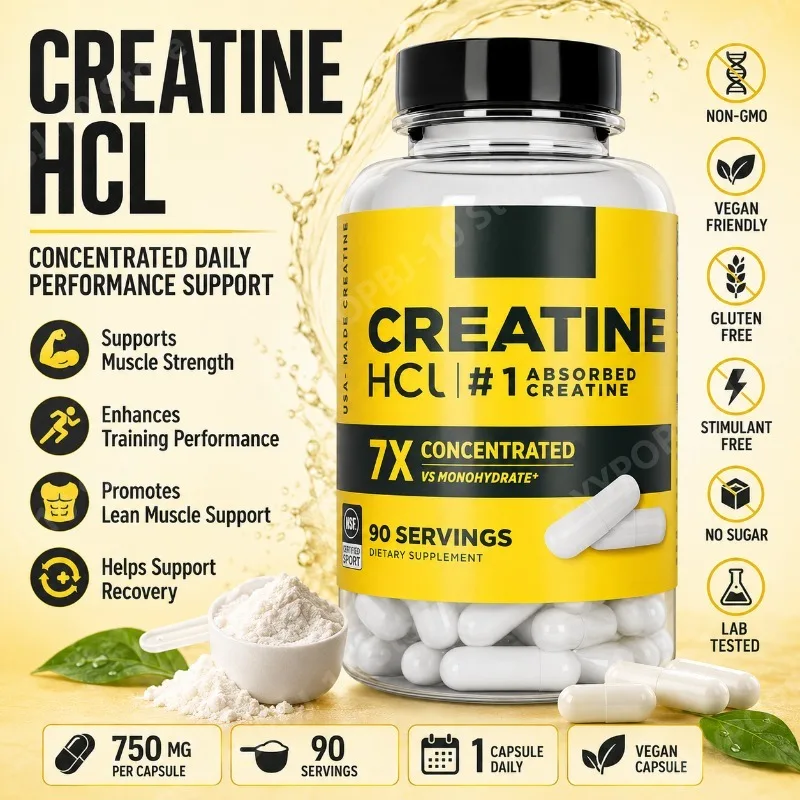 

Creatine HCl 750mg 90 Capsules Fitness Muscle Support Vegetarian Non GMO Daily Nutritional Supplement