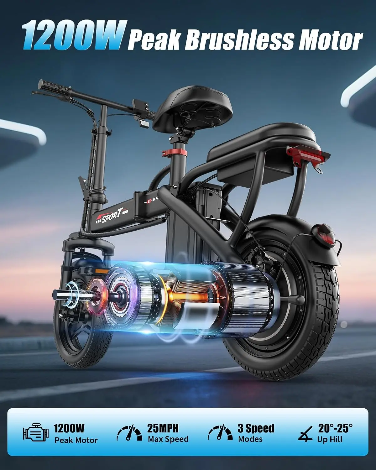 1200W Peak Motor Foldable Electric Bike 25MPH 45 Miles Dual Suspension 14