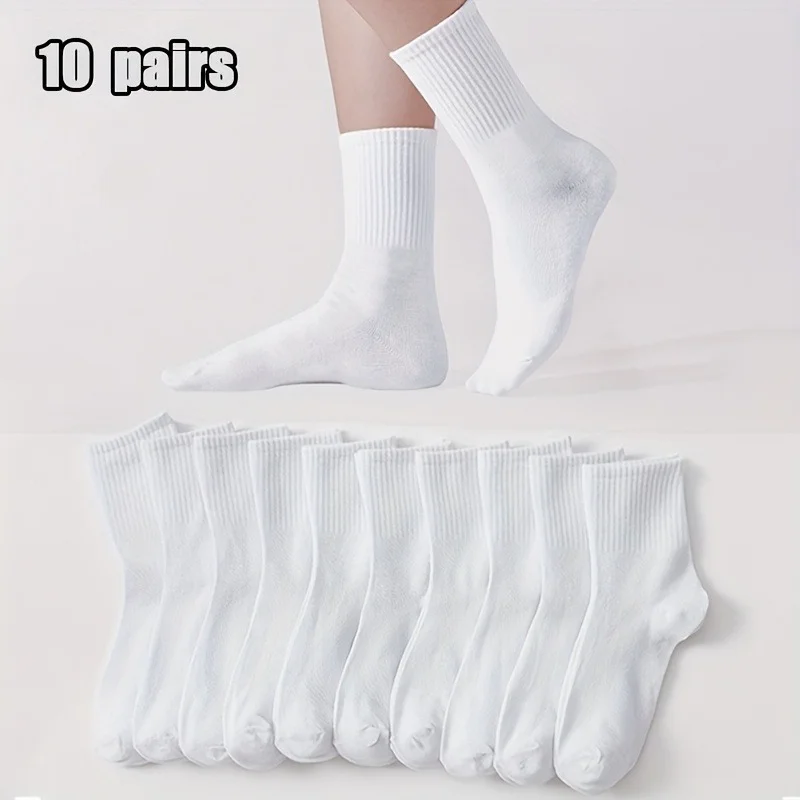 10 Pairs of Women's Solid Color Mid-Calf Socks, Couple Socks, Breathable Socks, Warm Socks, Long Socks