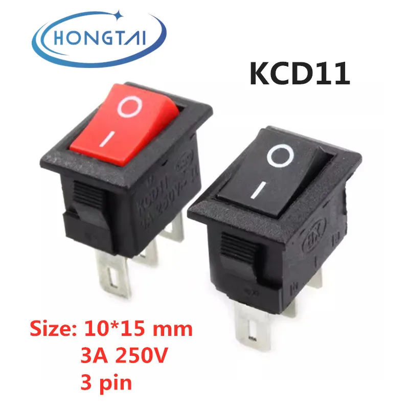 10PCS Push Button Switch 10x15mm SPST 3 Pin 3A 250V KCD11 Snap-in on/Off Rocker Switch 10MM*15MM Black Red and White