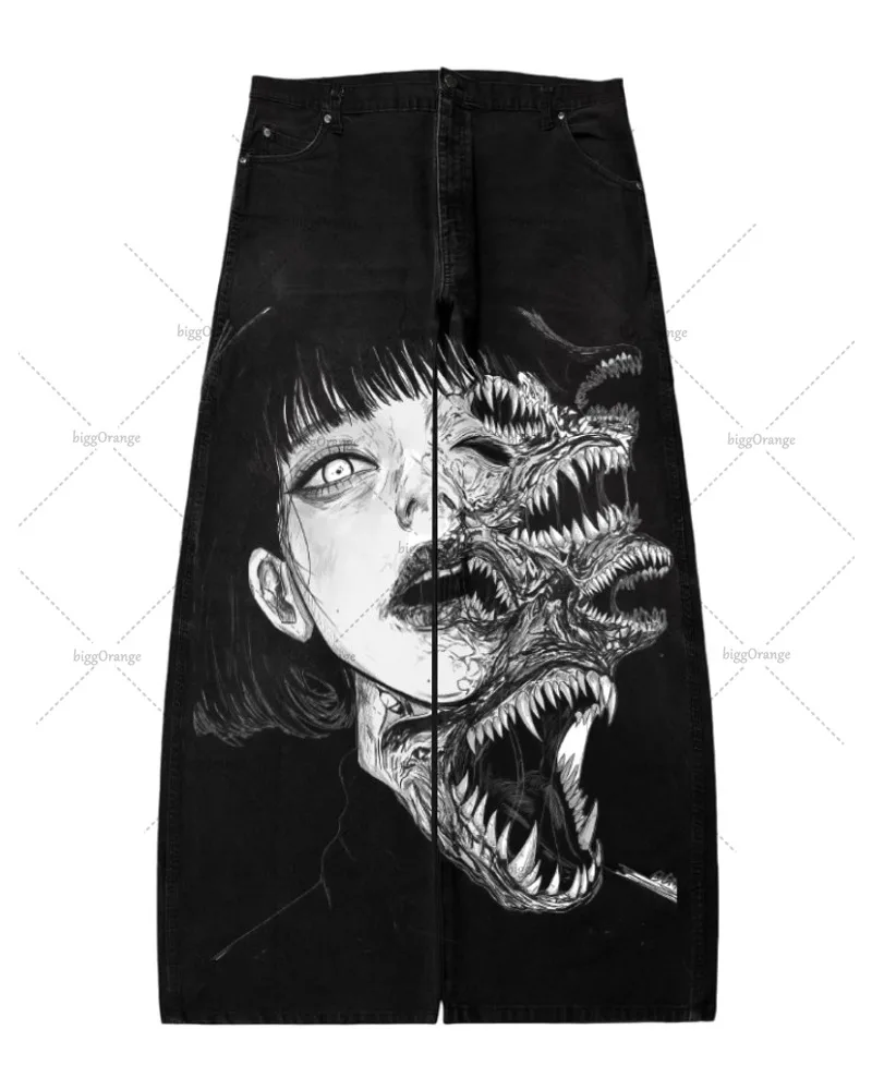 

Harajuku Gothic Streetwear Casual Trousers Punk Retro Graphics Y2K Jeans Women High Street Black Wide Leg Straight Pants Men