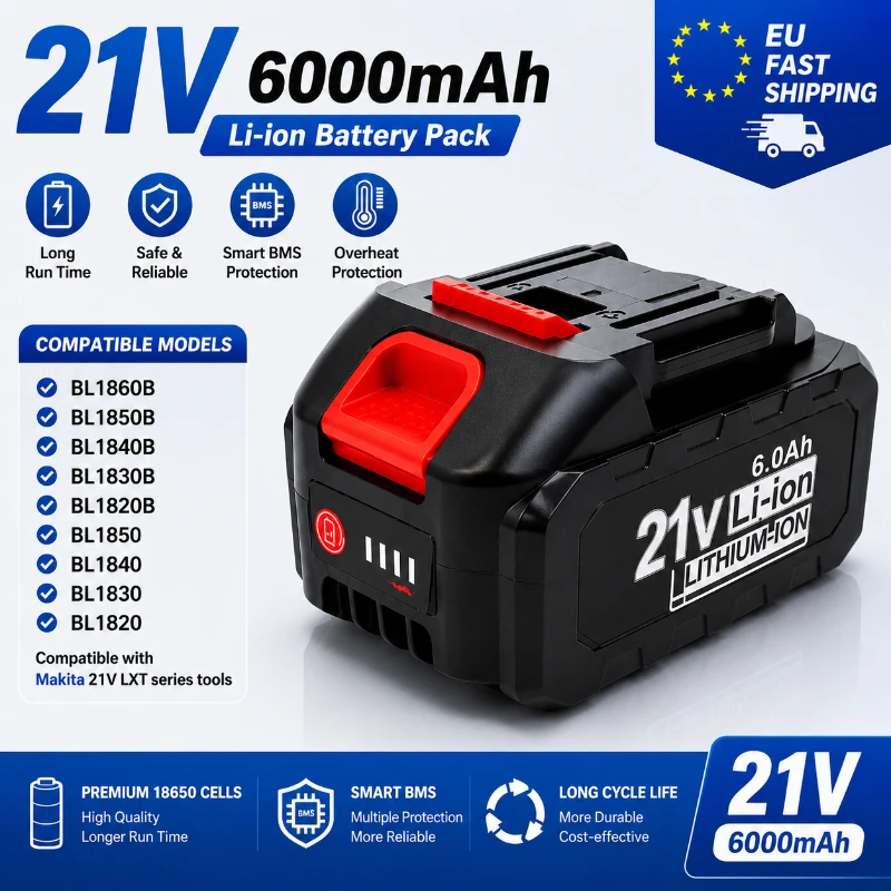 EU Schnelle Lieferung 21V 6000mAh Wiederaufladbarer Li-Ionen-Akku 18650 Zellen 5S2P LED-Leistungsanzeige Schnelles Laden Ersatzakku für BL1815 BL1820 BL1830 BL1840 BL1850 BL1860 Elektrowerkzeuge