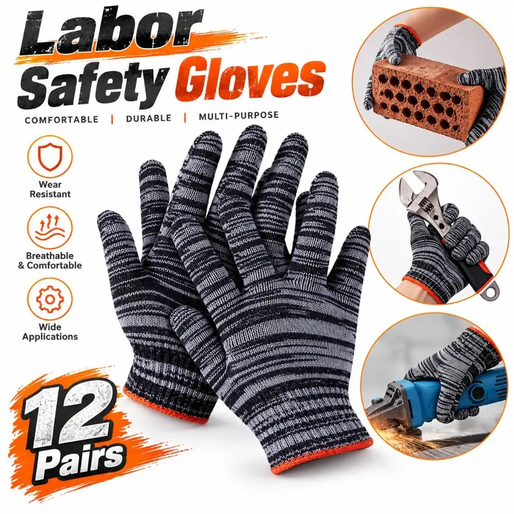 12Pairs Thickened Knit Work Gloves Wear-Resistant Breathable Protective Hand Gloves Lightweight Anti-Slip Cotton Work Gloves