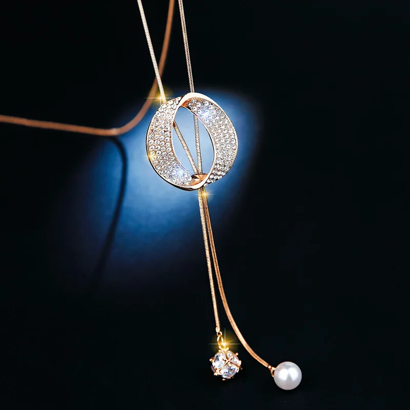 Fashion Rhinestone Oval Long Tassel Necklace Pendant 2025 New Sweater Chain Jewelry For Women Gift