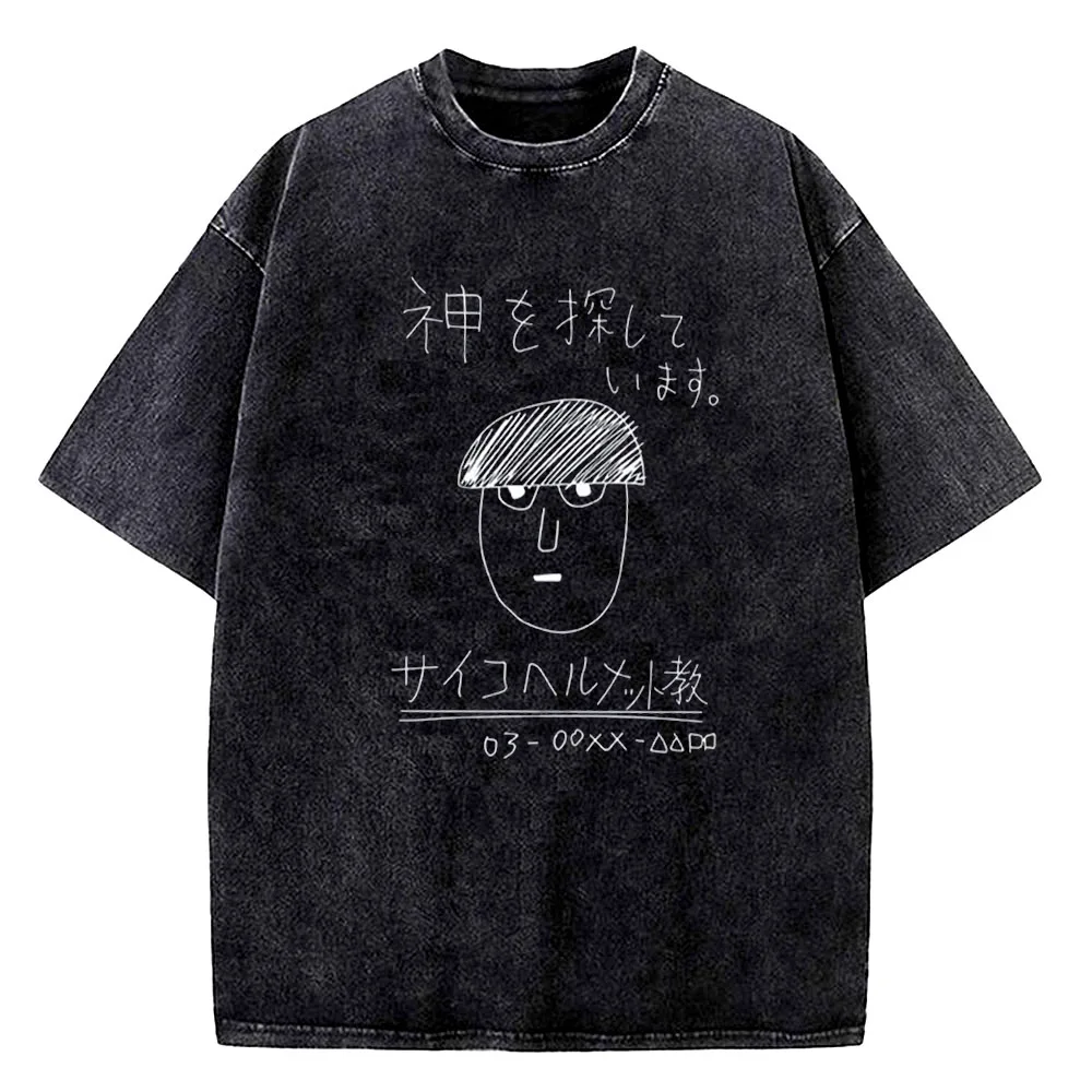 Vintage Washed Mob Psycho 100 Funny Anime T-shirt Men 100% Cotton Tee Japan Manga High Quality Streetwear Cartoon T Shirt