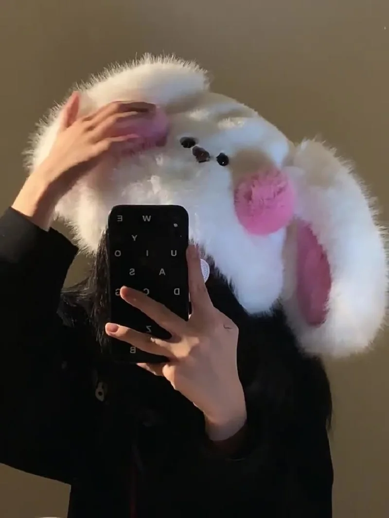 Korean Sweet Plush Bomber Cap Winter Women Warm Windproof Blush Rabbit Ear Protection Hat Cute Pom-pom Beanie With Strape