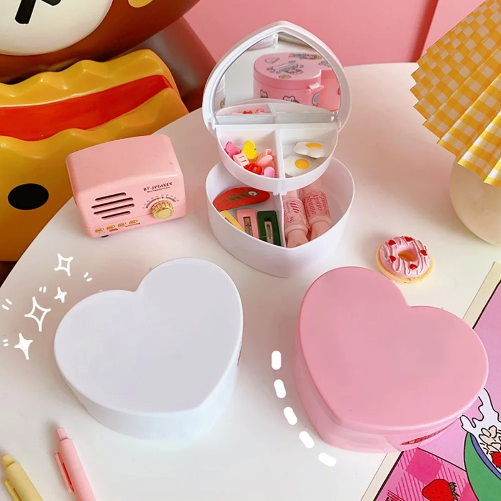 Large Capacity Heart Shape Jewelry Box Double Layer with Mirror Jewelry Organizer Display Plastic Solid Color Make Up Container