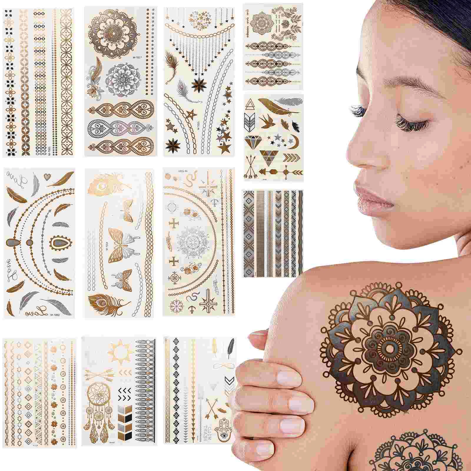 

12 Sheets Bronzing Tattoo Stickers Gold Temporary Tattoos Face Jewelry for Women