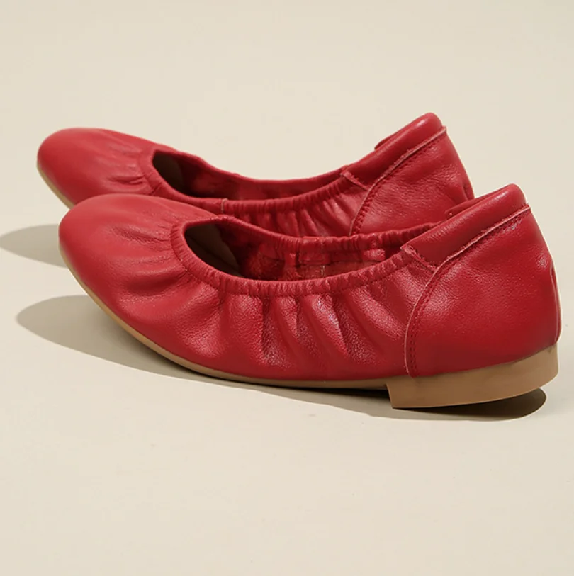 New Round Toe Ballet Shoe Slip On Real Leather Flat Shoes Elegant Soft Ladies Leisure Footwear Vintage Lady Flats Shoes A0086