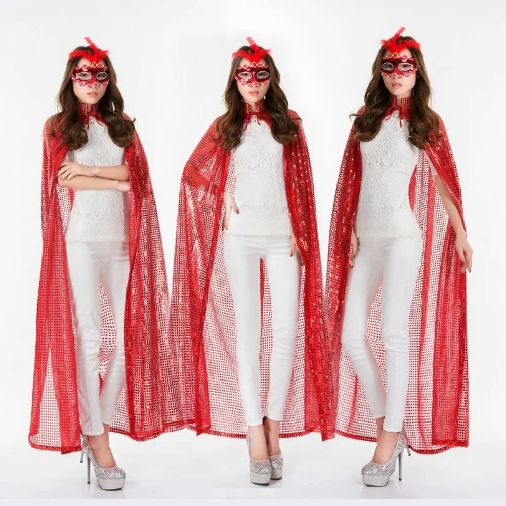 Soft Long Shiny Sequin Cape Vintage Stand Collar Halloween Cosplay Robe Fantasy Lightweight Shiny Cloak Festival