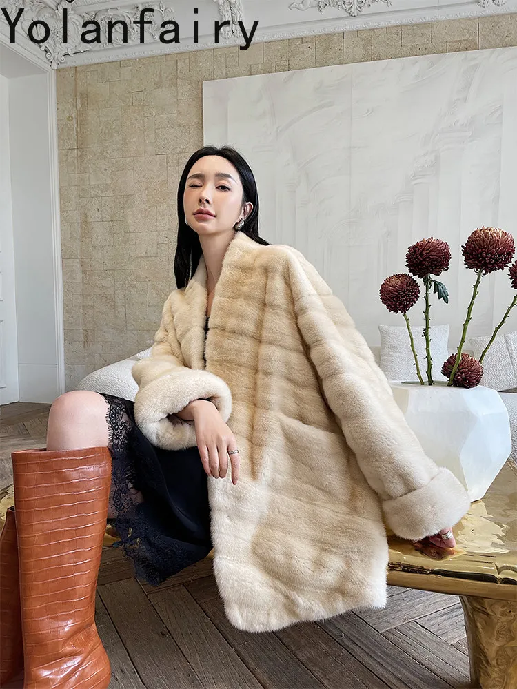 YOLANFAIRY Whole Mink Natural Real Velvet Mink Coat Fur Jacket Mid-length Style 2026 Elegant Women Winter V-neck Clothes 고퀄 의류