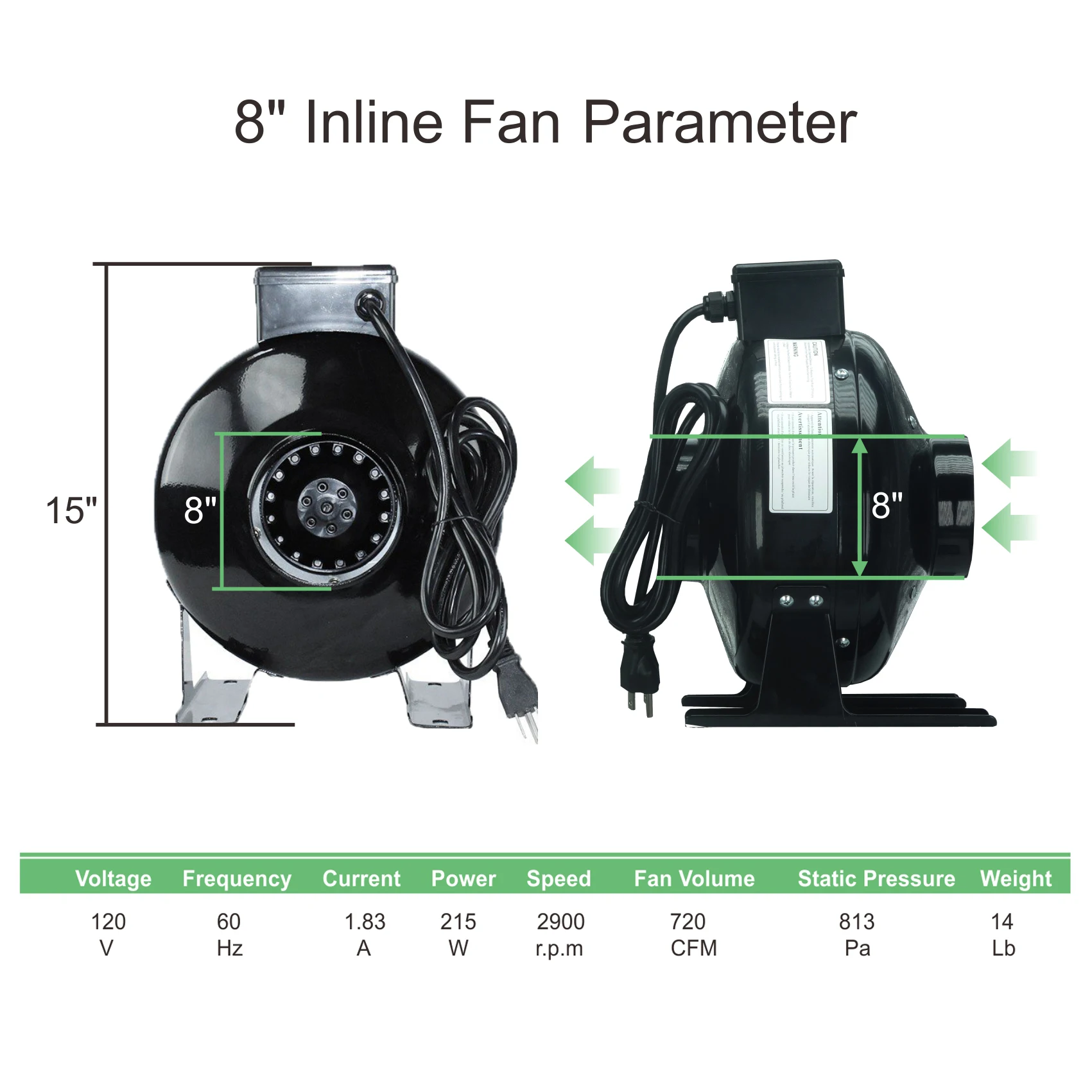 8'' Inline Duct Flange Carbon Air Filter High CFM Inline Exhausting Fan Combo Ventilation System for Indoor Grow Tent