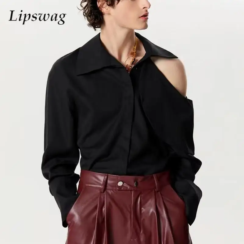 Sexy Hollow Off Shoulder Shirts Men Fashion Irregular Design Long Sleeve Lapel Shirt Tops Mens Spring Autumn Stylish Black Shirt