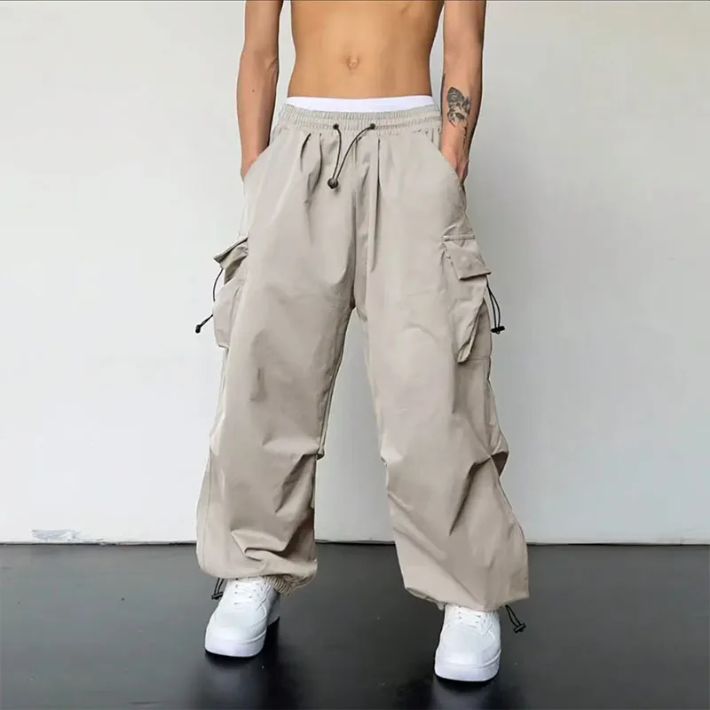 Spring Summer Fashion Casual Pans For Men Streetwear Solid Color Cargo Pants Elastic Waist Wide Leg Men's Joggers
