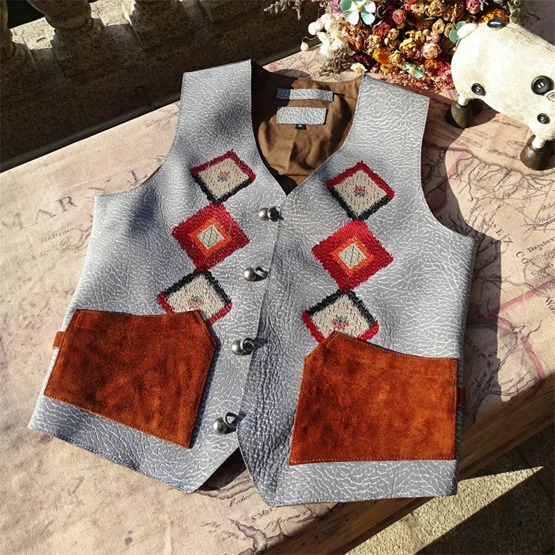 Authentic American Retro Western Style Men's Leather Vest Embroidered Top Layer Thick Cowhide Jacket Business Casual