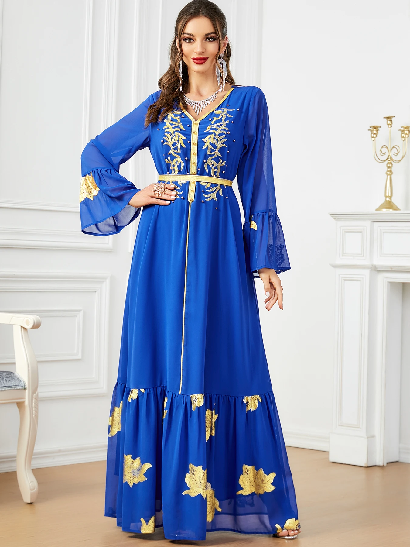 

Eid Muslim Party Dress for Women Beading V Neck Jalabiya Abaya Ramadan Long Dresses Woman V Neck Robe Caftan Vestidos Largo 2024