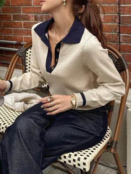 Korean Style Color Block Polo Neck Knitwear Women's Slim Fit Long Sleeve Base Shirt Autumn Winter Fashion Casual Top 4