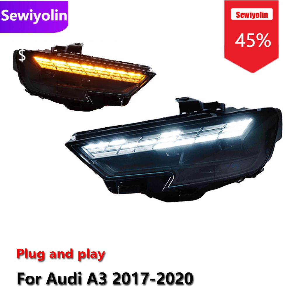 

Автомобильные светодиодные фары DRL в сборе для Audi A3 2017-2020, противотуманные фары DRL, стоп-сигнал поворота, Plug and Play
