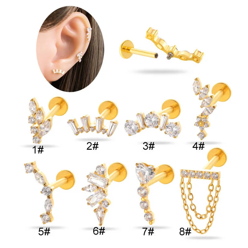 1PC G23 Titanium 16G Internal Thread Labret Stud Horse's Eye CZ Cartilage Earring Tragus Stud Flatback Helix Piercing Jewelry