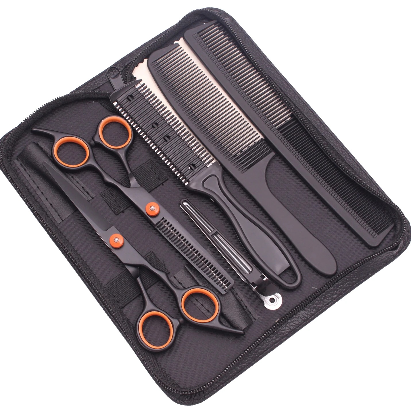 Haarschere JP Edelstahl Friseurschere 6" Haarschnitt Set Schwarz Effilierschere Salon Haarschnitt Schere Rasiermesser Kämme C1001