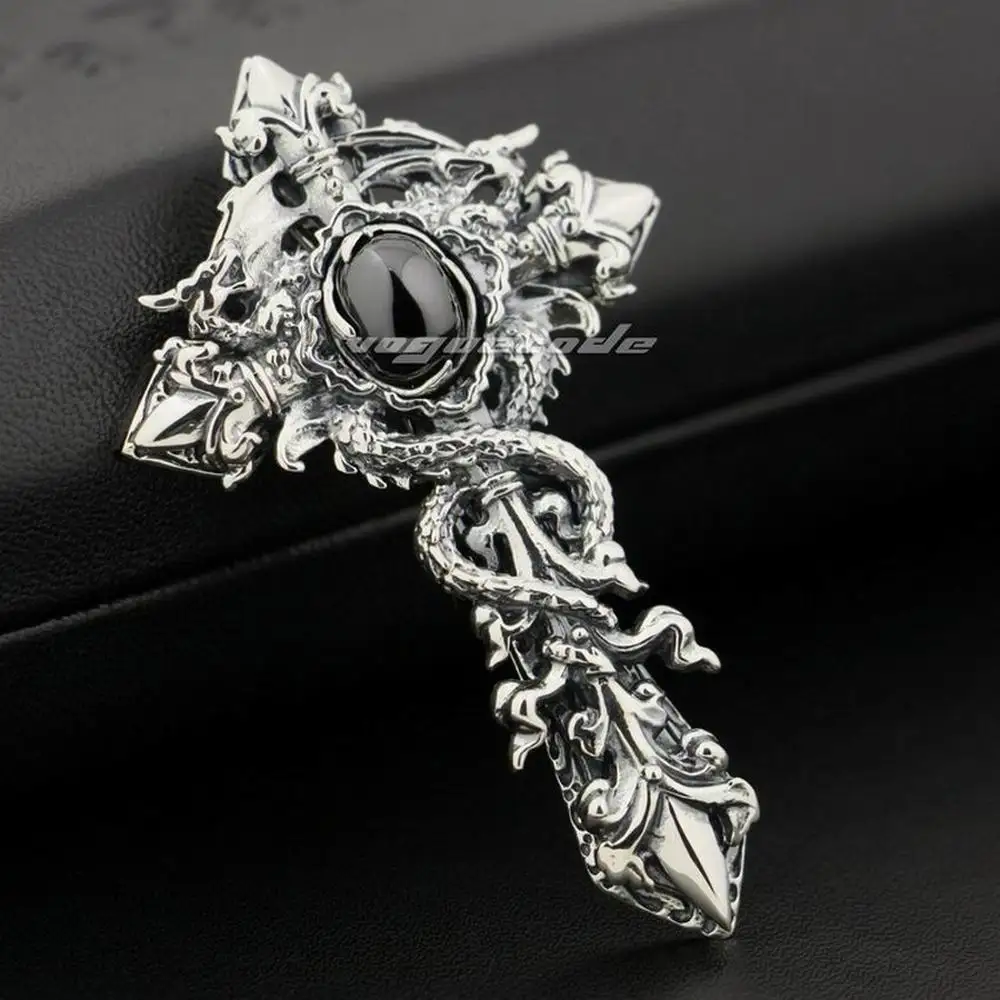 Black CZ 925 Sterling Silver Dragon Twine Cross Sword Pendant 8X002