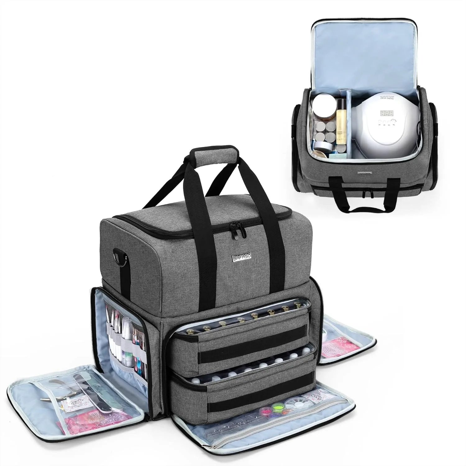 

Nail Polish Organizer Holds 80 Bottles (15ml) and UV Nail Lamp, Heavy-Duty Nylon Case with Removable Pouches, Gray