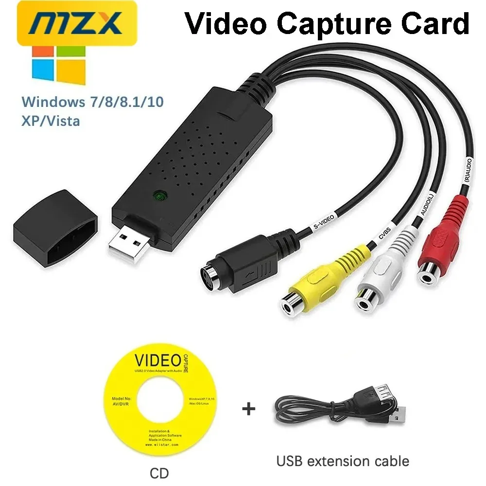Video Capture Card Easy Cap Convert VHS VCR Mini DV Hi8 DVD to Digital RCA/S-Video Old USB 2.0 Audio Video Record Capturer