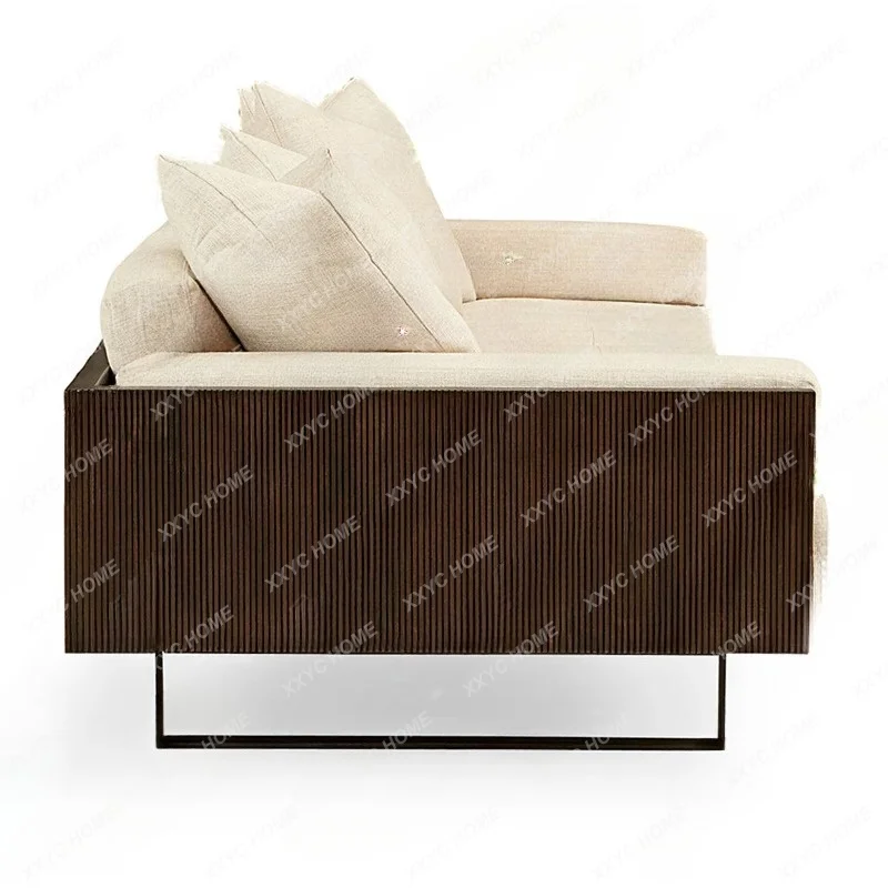A solid wood fabric sofa  three-person black walnut living room simple small apartment