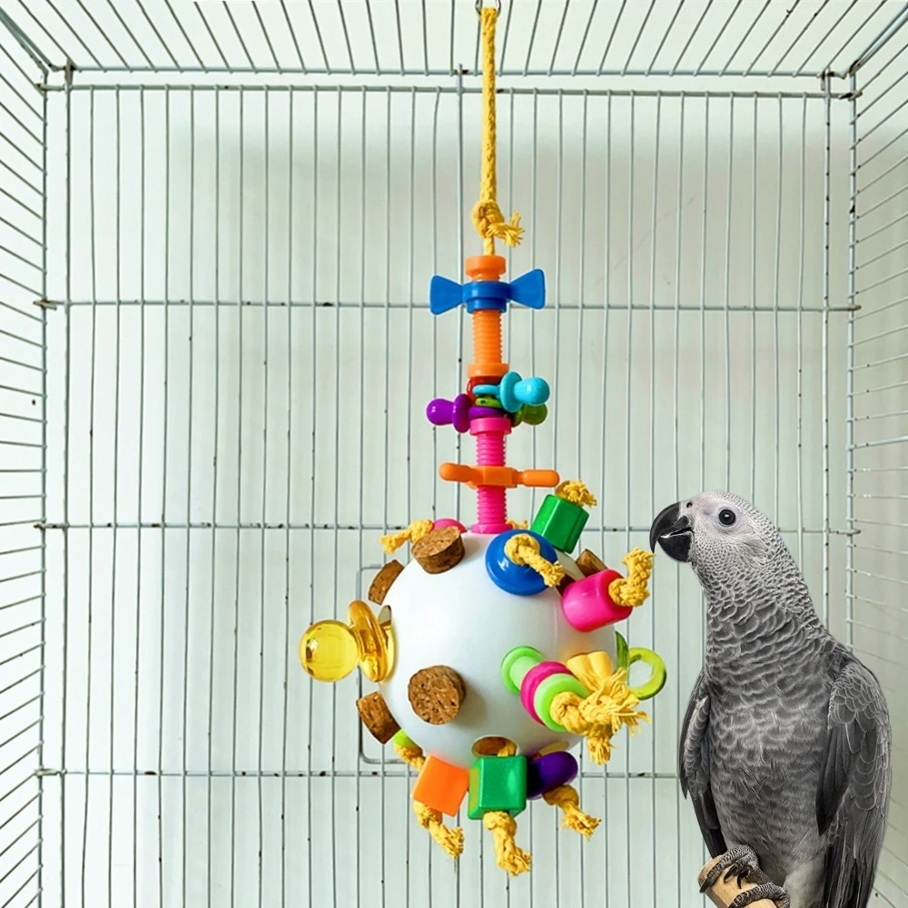 

Parrot Puzzle Toy Colorful Foraging Ball with Cork & Cotton Rope Interactive Bird Chewing Toy for Large Parrots Stress Relief