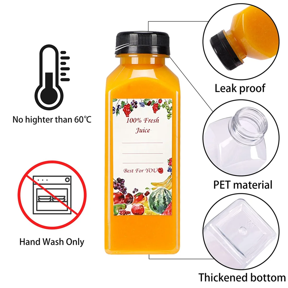 A23G 20Pcs 12oz Empty Plastic Juice Bottles with Caps,Reusable Water Bottles, Clear Containers with Black Tamper Evident Lids