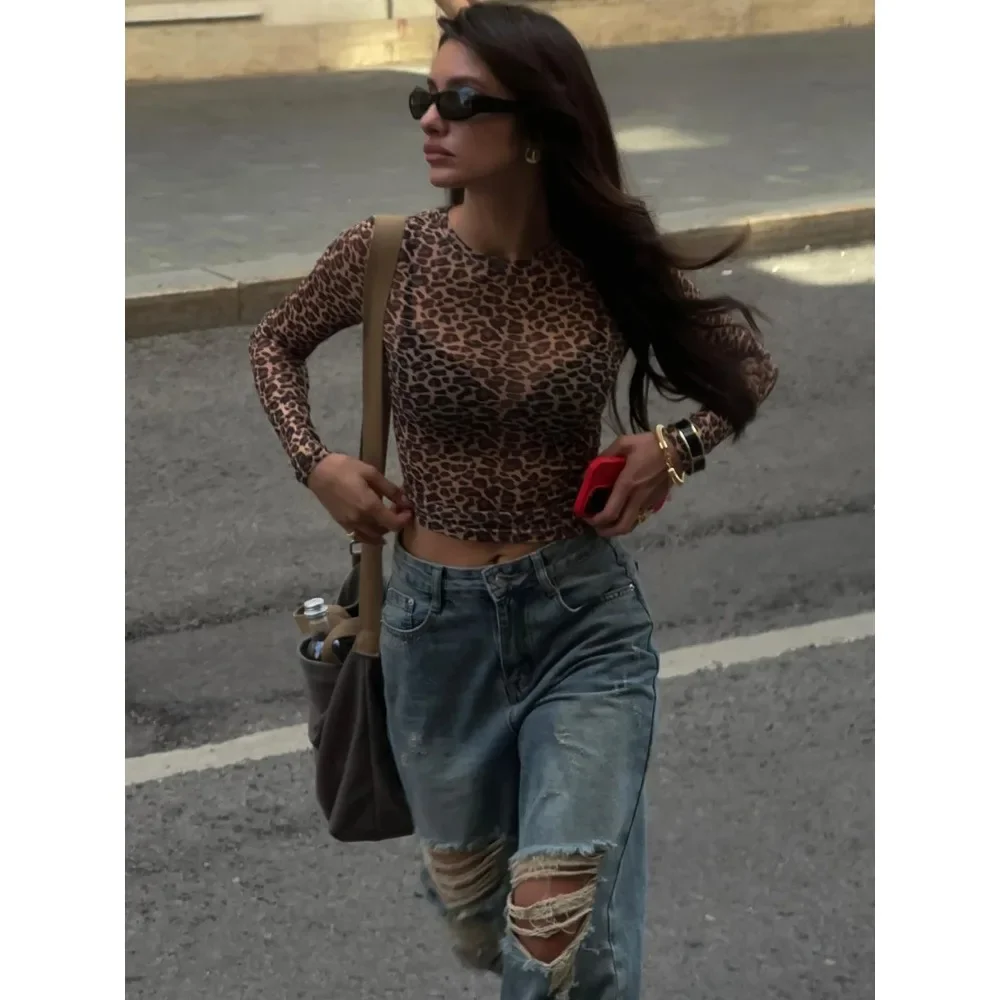 

Sexy Long Sleeves Tops Mesh T Shirt Leopard Printed Bodycon Women Clothes Lady Party Club Streetwear Casual Nightout