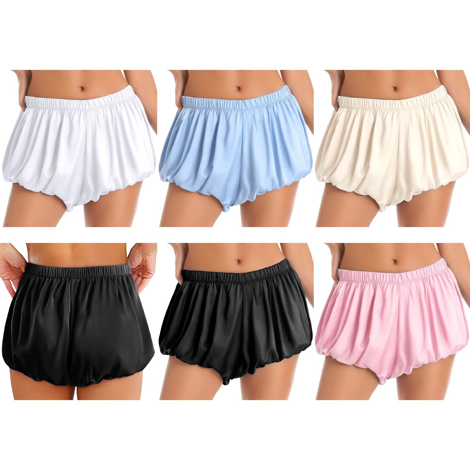 Celana Pendek Wanita Model Low Rise Bahan Satin dengan Pinggang Elastis Warna Solid untuk Pakaian Santai, Celana Dalam Bubble, Pettishorts untuk Gaun Lolita