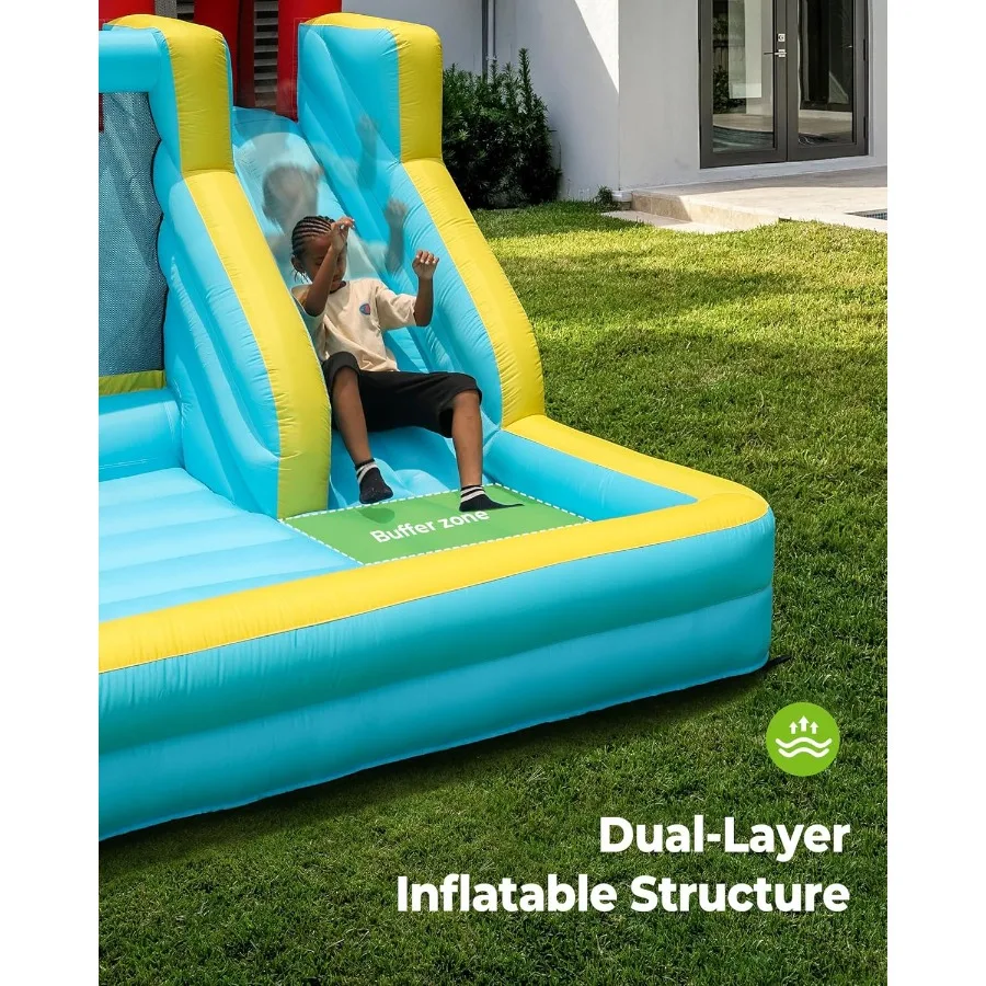 Casa inflável do salto casa inflável para meninos 3-12 com slide uso interno exterior 450w ventilador de alta eficiência céu azul design fo