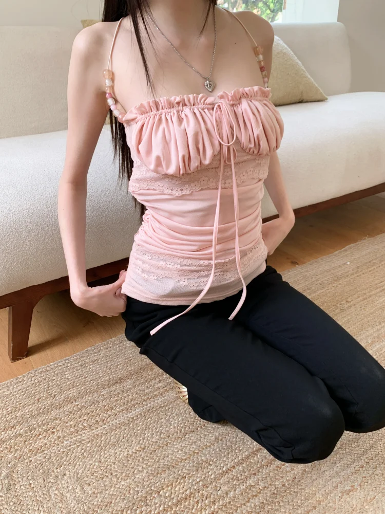 เสื้อครอปสีชมพูประดับลูกปัด แต - Cami Top Lace บทวิจารณ์และราคา